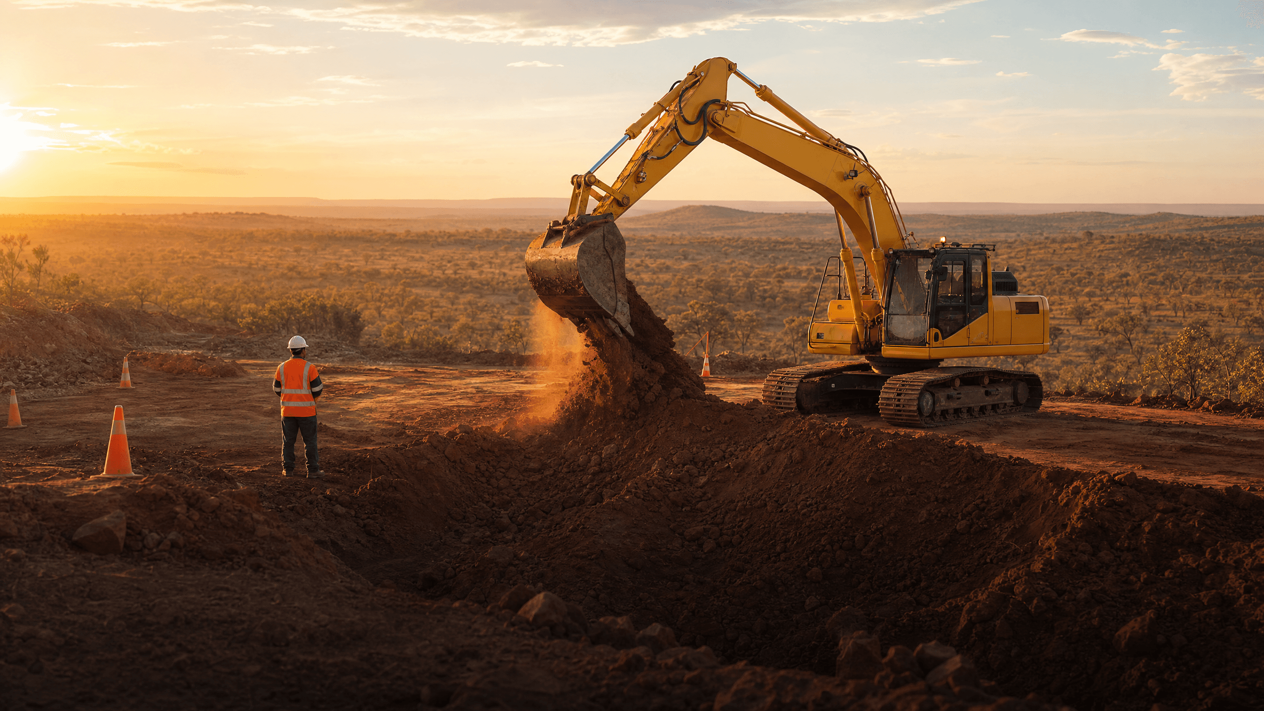 Escavadeira hidráulica trabalhando em canteiro de obras ao pôr do sol