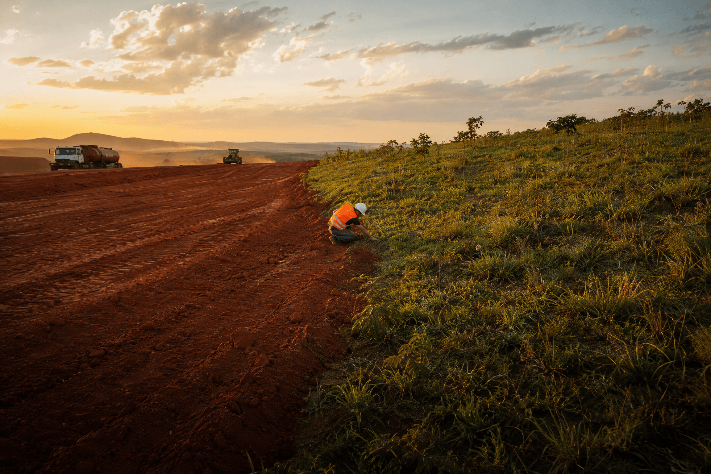 Encosta com solo do cerrado em transição entre terra exposta e vegetação recuperada