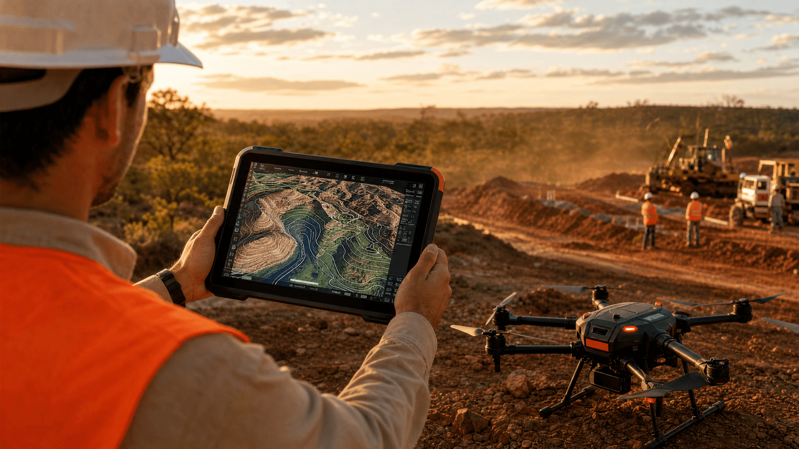 Técnico visualizando modelo 3D em tablet ao lado de drone de mapeamento